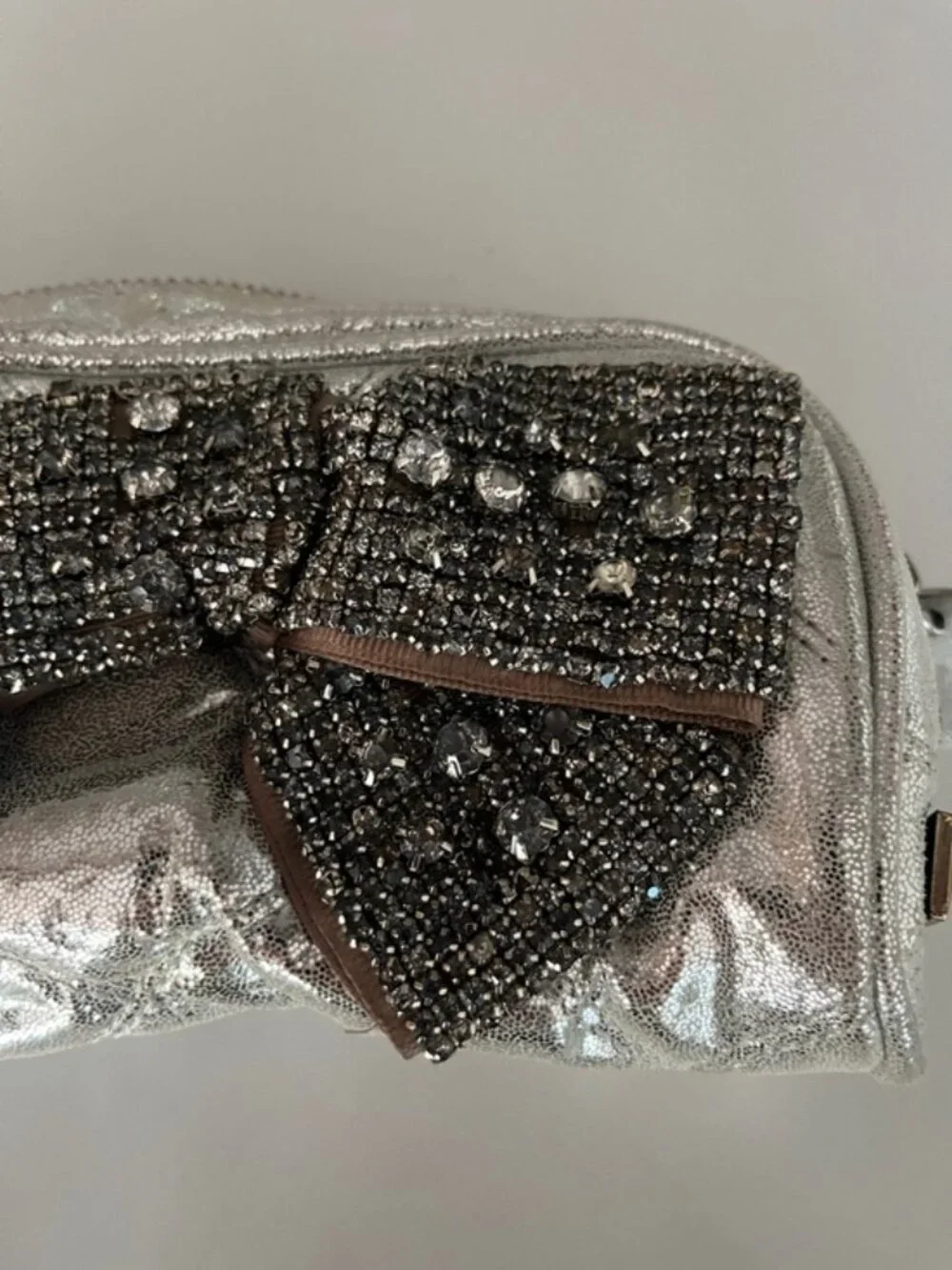 Deux Lux Silver Metallic Rhinestone Bow Wristlet Clutch | Glam Evening Bag
